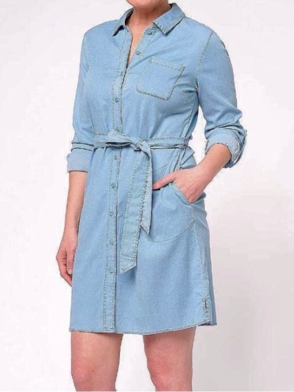 Isaac Mizrahi Blue Denim Adjustable Sleeve Shirtdress with Belt and Pockets